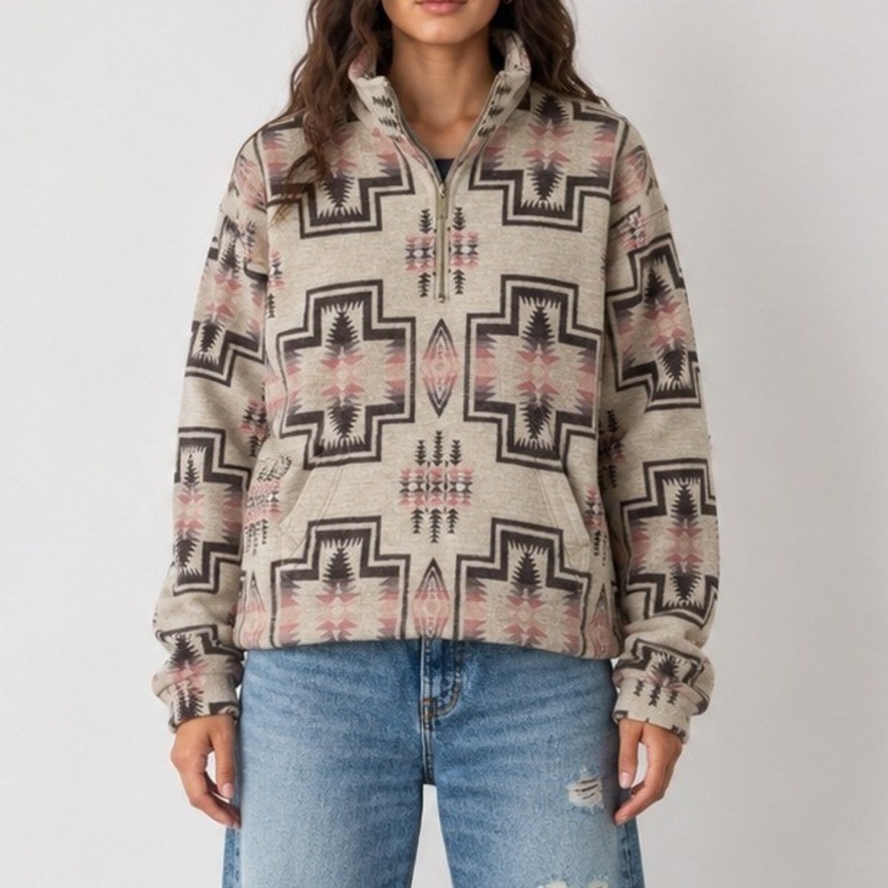 Pendleton Harding Chamois Grey Southwestern Cotton Quarter Zip Pullover Small